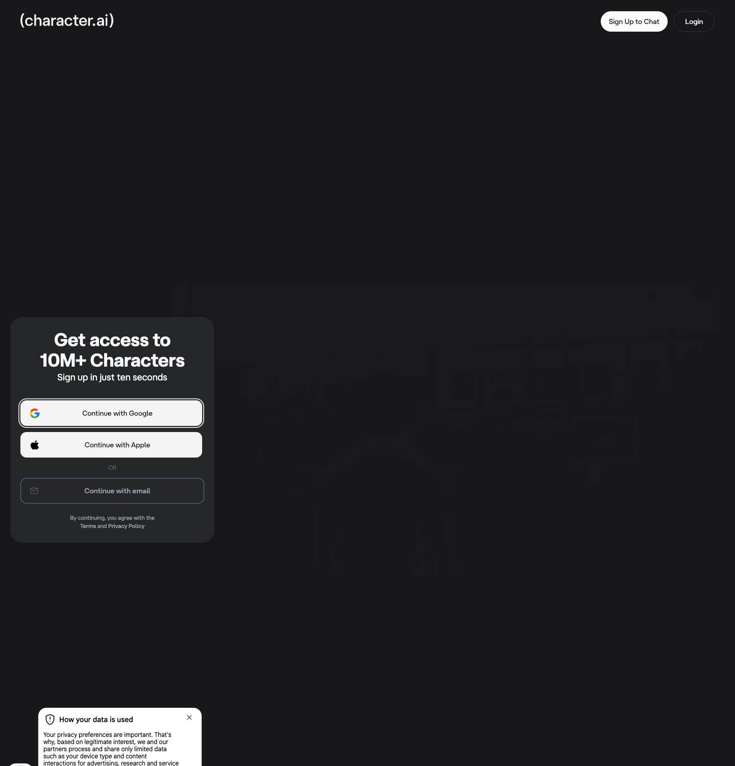 Character.AI homepage, captured for this review