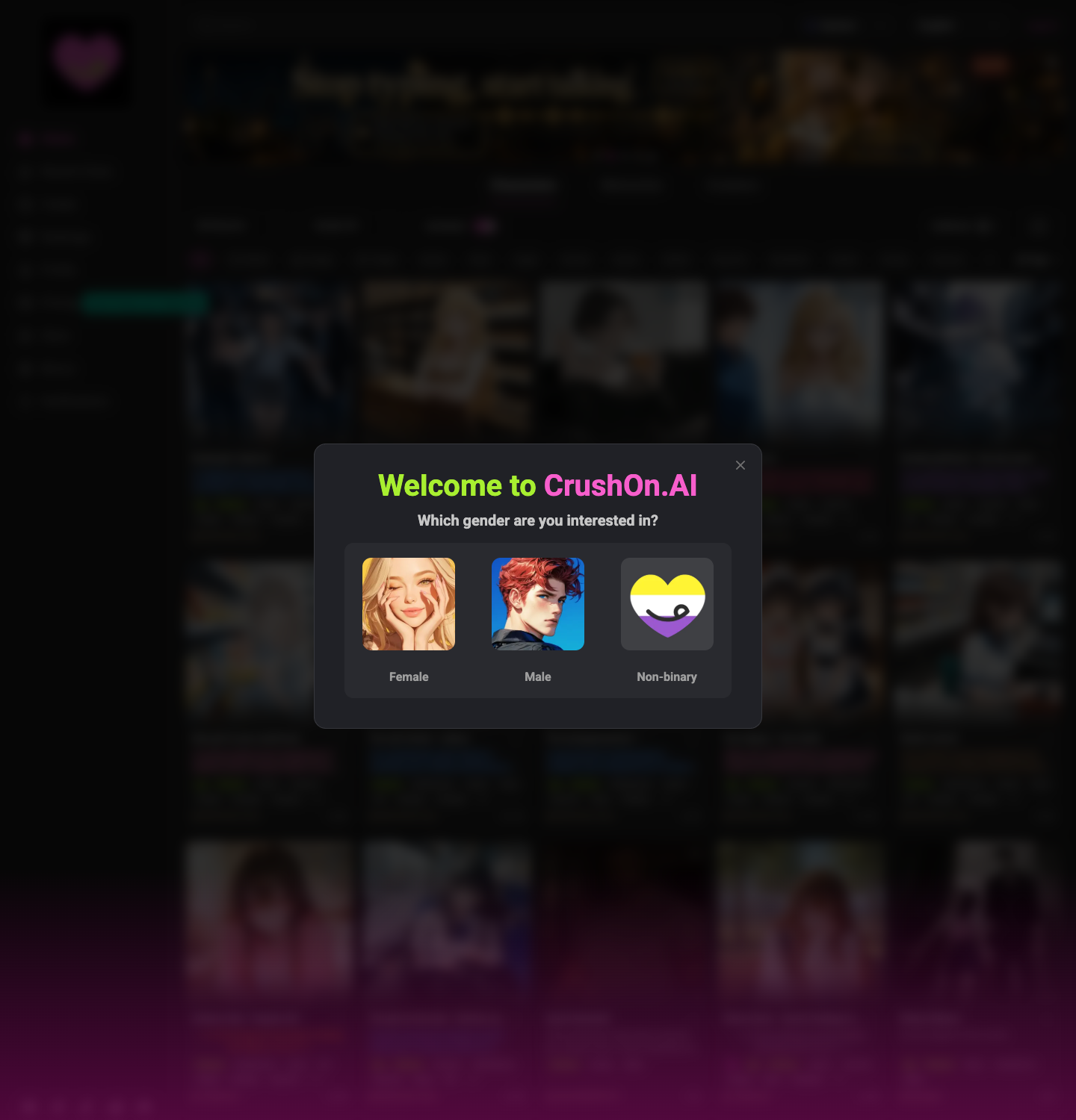 CrushOn AI homepage, captured for this review