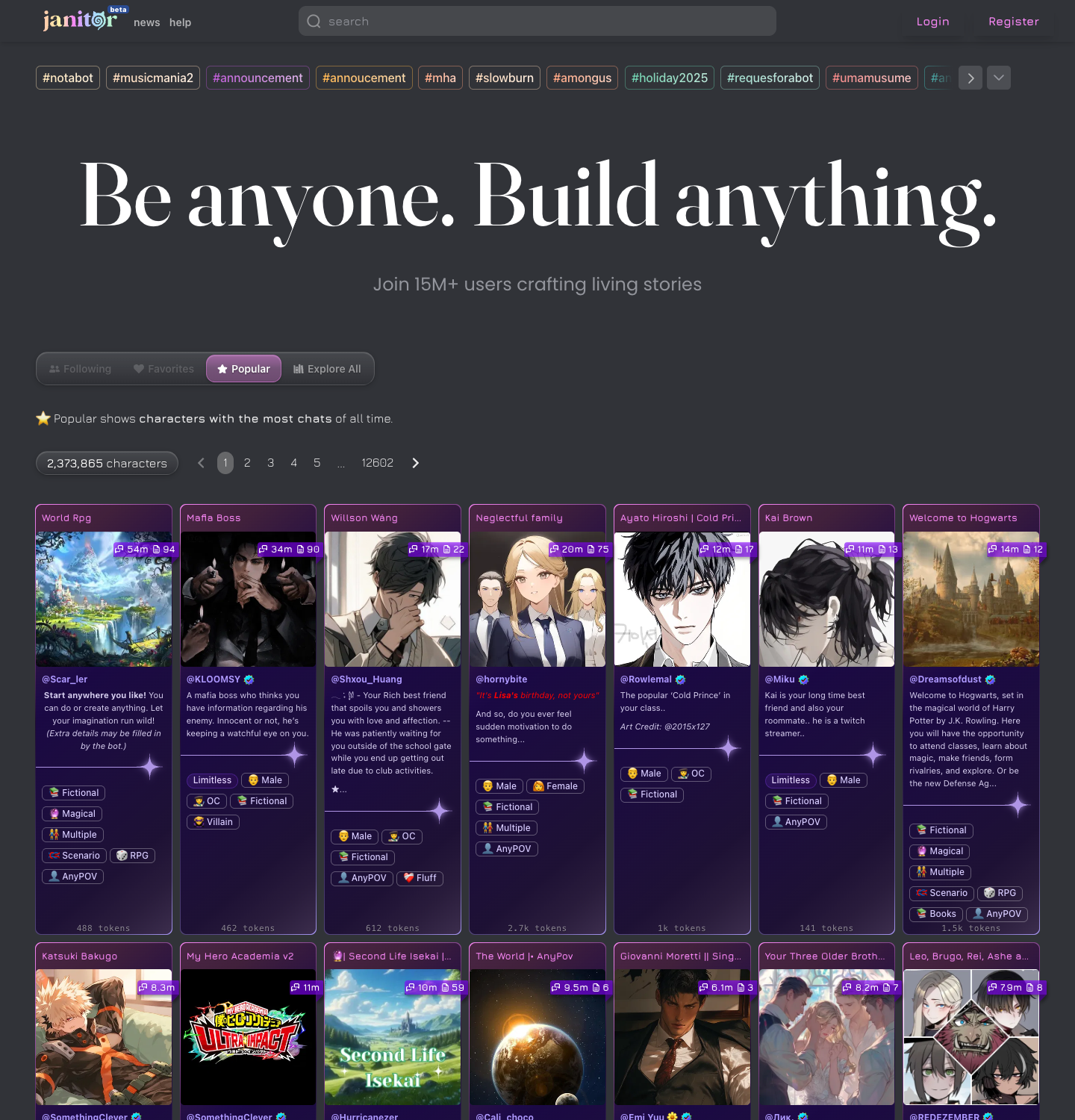 Janitor AI homepage, captured for this review