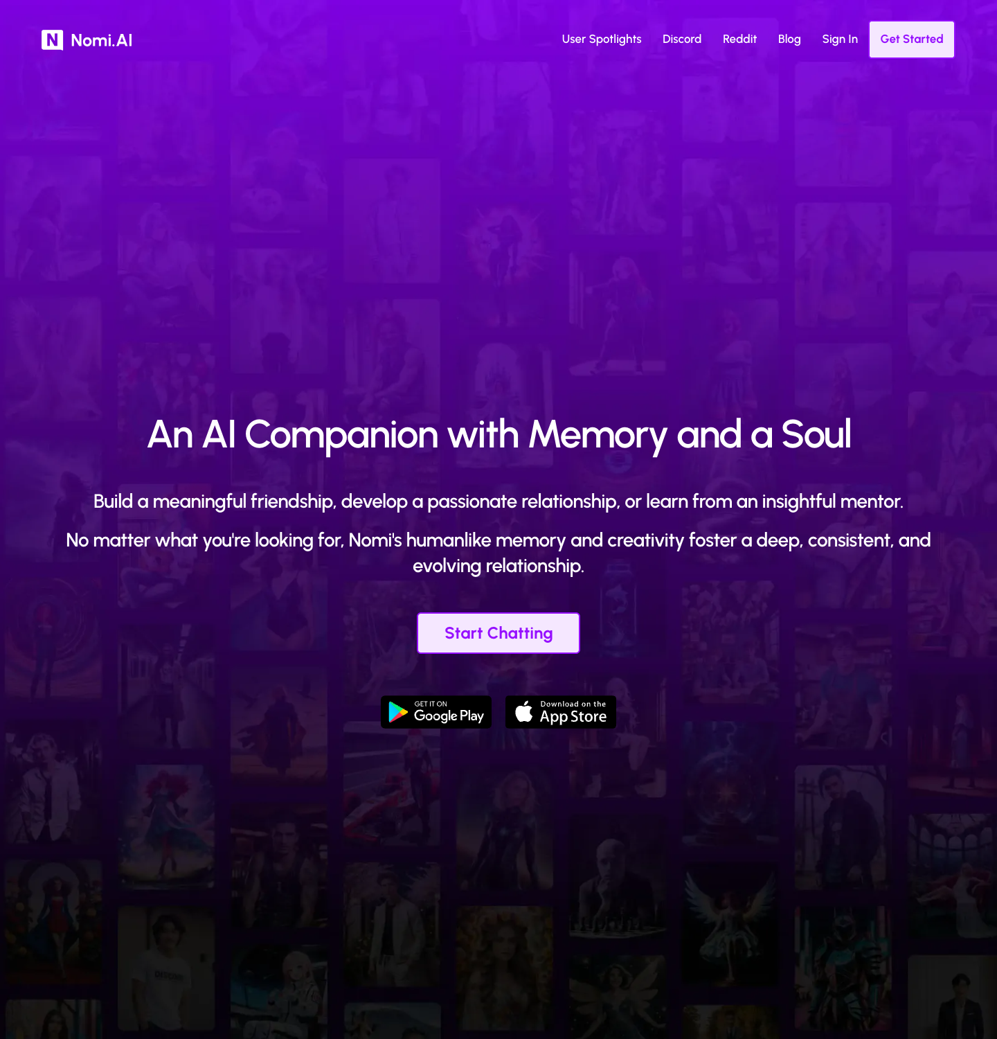 Nomi AI homepage, captured for this review